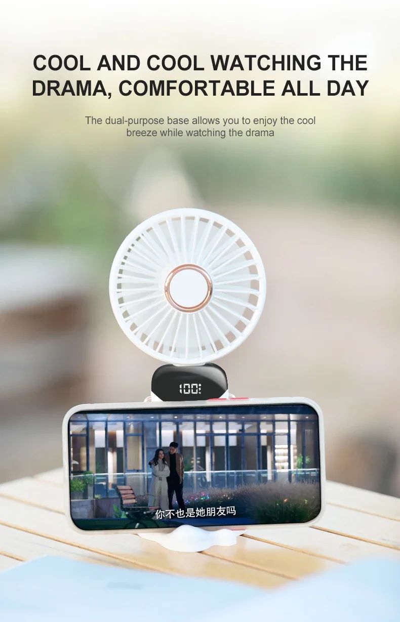 Ventilador Portátil Recarregável 5000mAh Dobrável 90° 5 Velocidades Mini Ar Condicionado Pequeno Ventilador Refrigerador de Ar com Display Digital LED