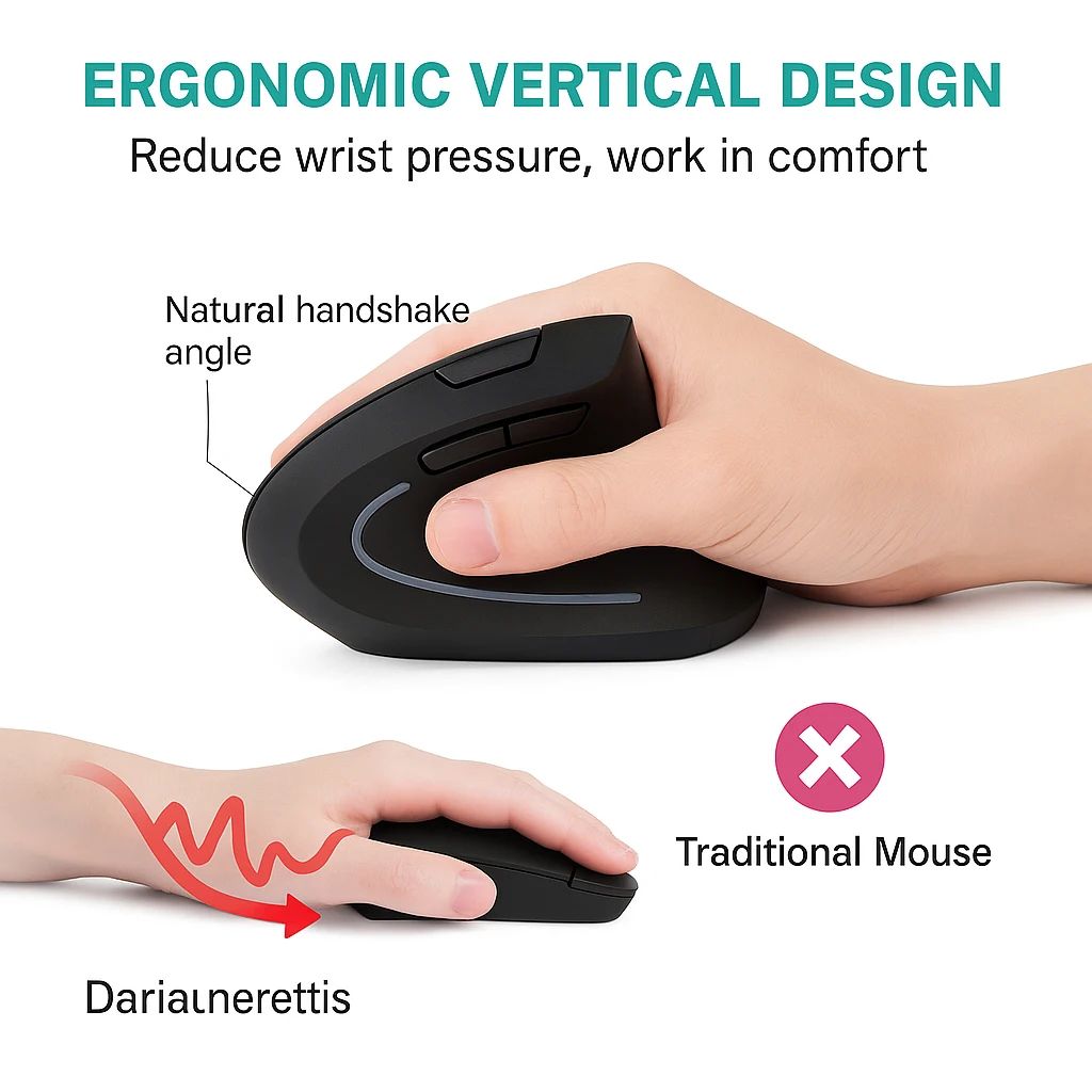 Mouse Sem Fio Ergonômico OUIO, Recarregável, Modo Duplo Bluetooth 5.4 e 2.4GHz, Clique Silencioso, para Laptop/PC/Mac