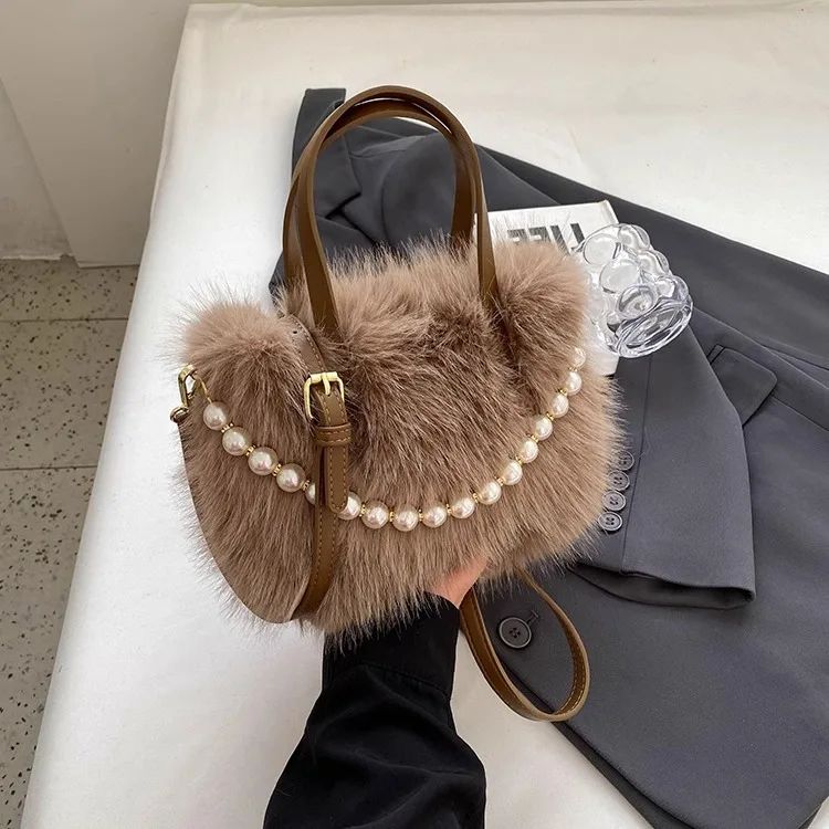 Winter Fashion Faux Fur Crossbody Bags for Women's Gift, Pearl Chain Decor Shoulder Bag, Ladies Handbags Top-handel Bag
