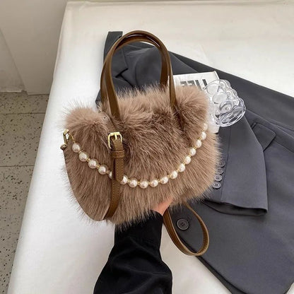 Winter Fashion Faux Fur Crossbody Bags for Women's Gift, Pearl Chain Decor Shoulder Bag, Ladies Handbags Top-handel Bag