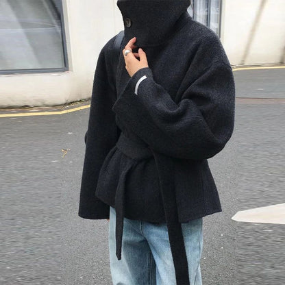 Woolen Solid Women Coat Fashion Belt Patchwork Lace Up Full Sleeve Lapel Lady Jacket 2025 Autumn Winter Female Loose Streetwear
