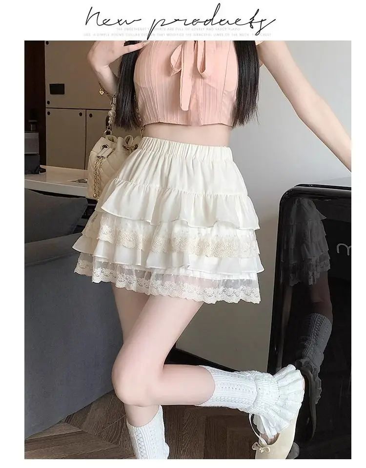 JOEVILU White Tutu Skirt A-line Elastic High Waist Mini Skirts Short Lace Cake Skirt Thin Summer Korean Fashion Goth Y2k Clothes