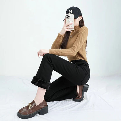 Winter Female Thin Snow Warm Plush Jeans Lady Chic Fleece Flared Pants Girls Korean High Waist Straight Leg Denim Trousers