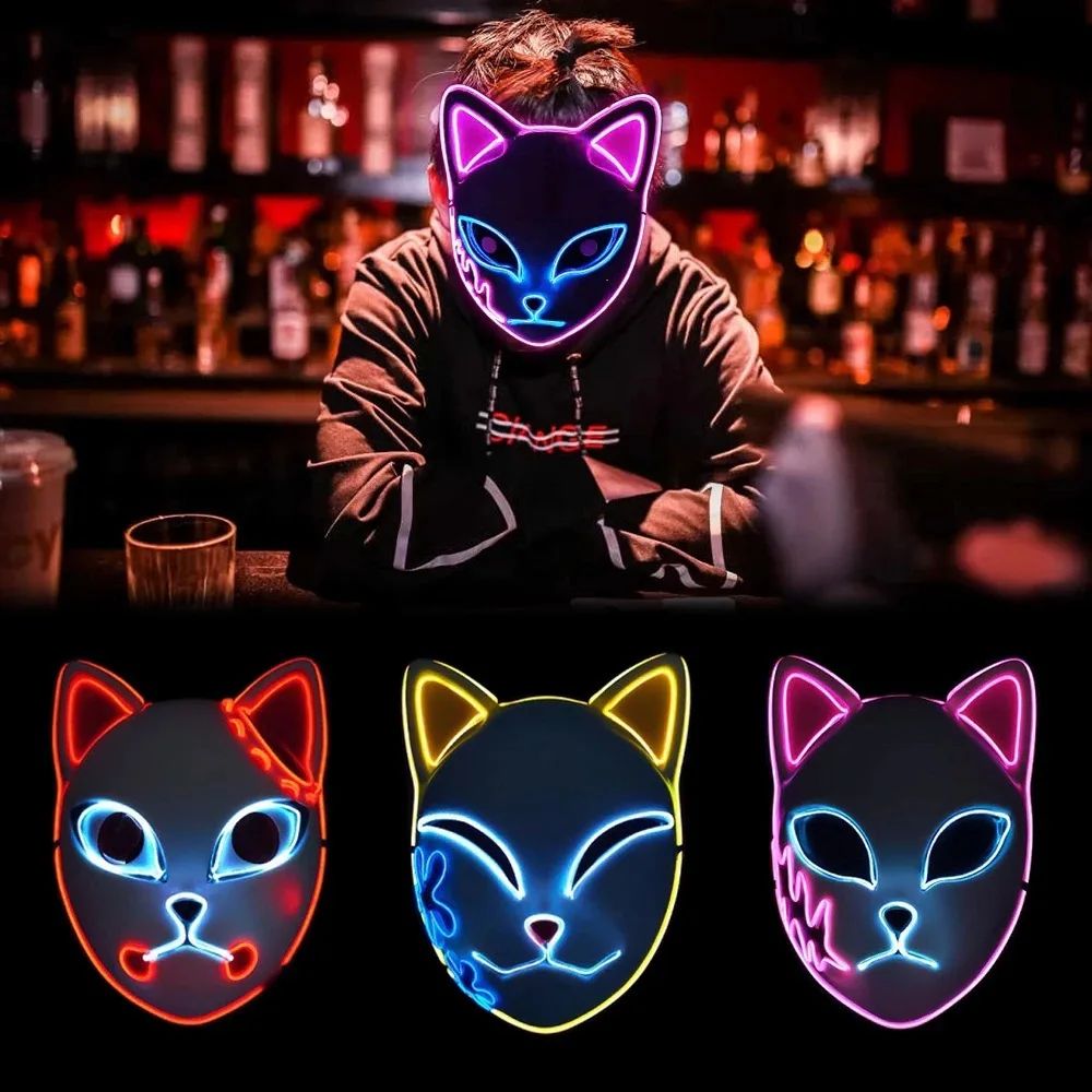 1PC Glowing Demon Slayer Led Face Mask Anime Cosplay Prop Cat Face Fox Halloween Cold Light Flashing Mask Party Costume