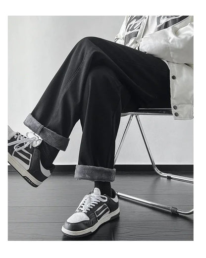 4 Colors Winter Fleece Men's Jeans Baggy Straight Elastic Waist Denim Pants Fashion Korean Thickened Warm Male Thermal Trousers
