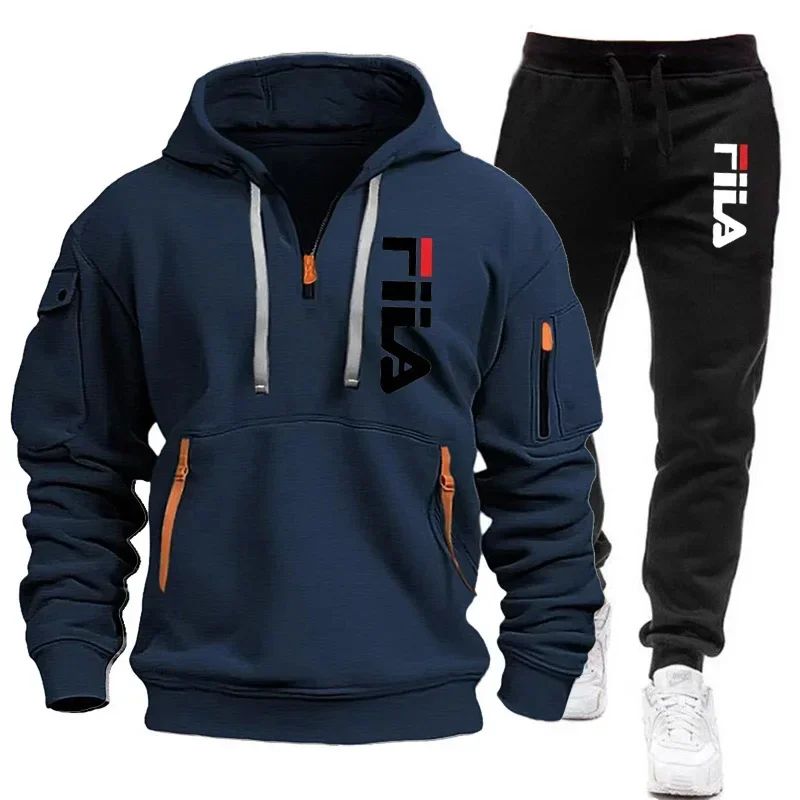 Men's set 2025 Autumn/Winter new Men's hooded sweatshirt + long pants two-piece set, outdoor multi-pocket men's pullover sportsw