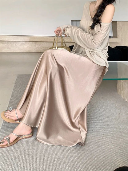Plus Size Satin Half-Body Skirt Female 2026 Spring New Korean Fashion Temperament Elegant Solid Casual A-line Skirts
