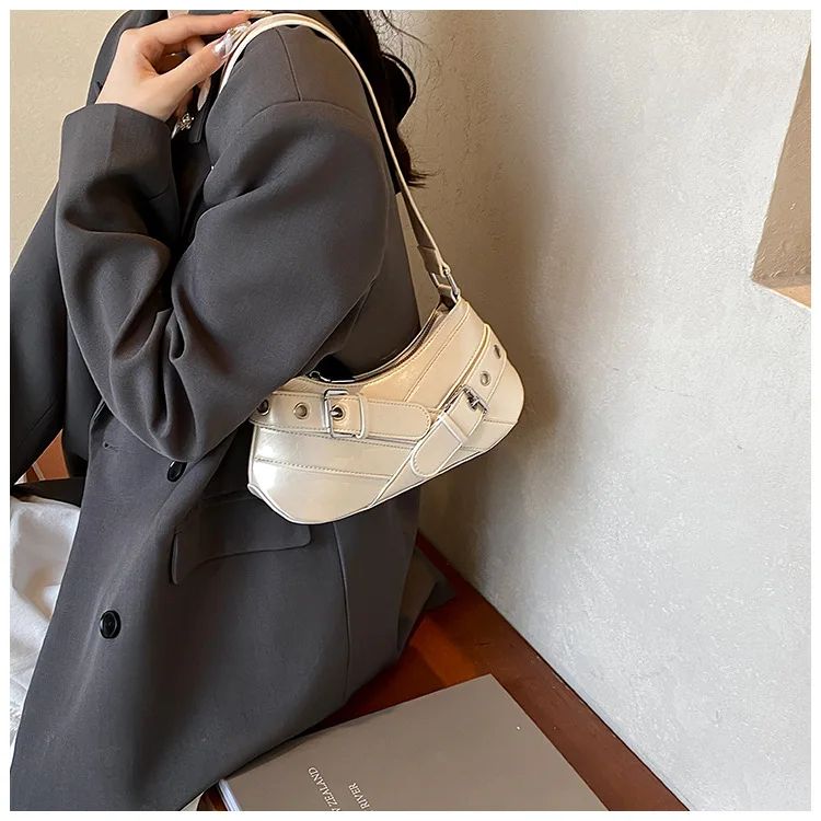 Red Vintage Shoulder Bag Y2K Belt Design PU Leather Underarm Bags for Women Trend Hot Cool Girl Crossbody Bag Punk Style Handbag