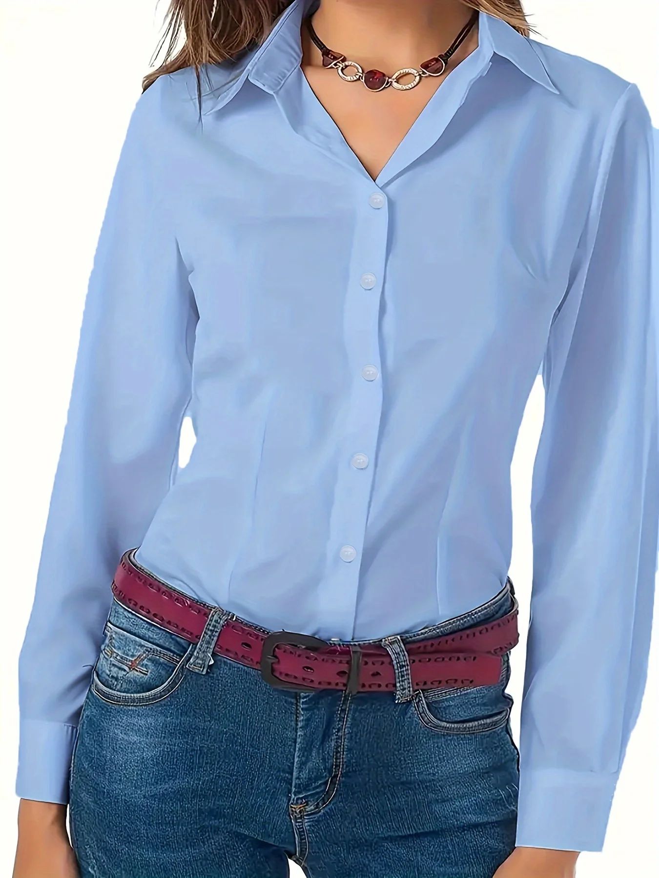 Solid Button Front Shirt, Elegant Long Sleeve Lapel Shirt for Spring Fall Fashion Women's Clothing Basic Blouses OL Womens Tops