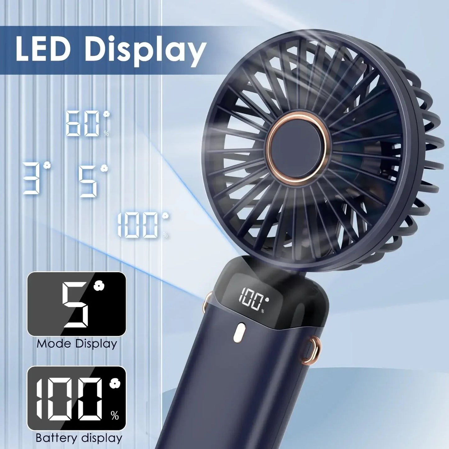 Ventilador Portátil Recarregável 5000mAh Dobrável 90° 5 Velocidades Mini Ar Condicionado Pequeno Ventilador Refrigerador de Ar com Display Digital LED