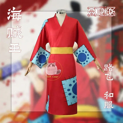 Anime Luffy Cosplay Costume, Wano Country Monkey Cosplay Kimono pour hommes adultes chapeau cardigan rouge, olympiques Halloween