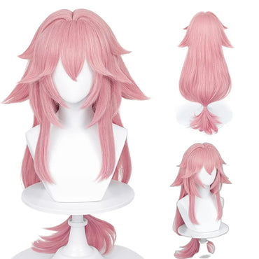 Anime Simulated Scalp Yae Miko Cosplay Wig Long Heat Resistant Synthetic Hair Party Pink Role Play Wigs Pink