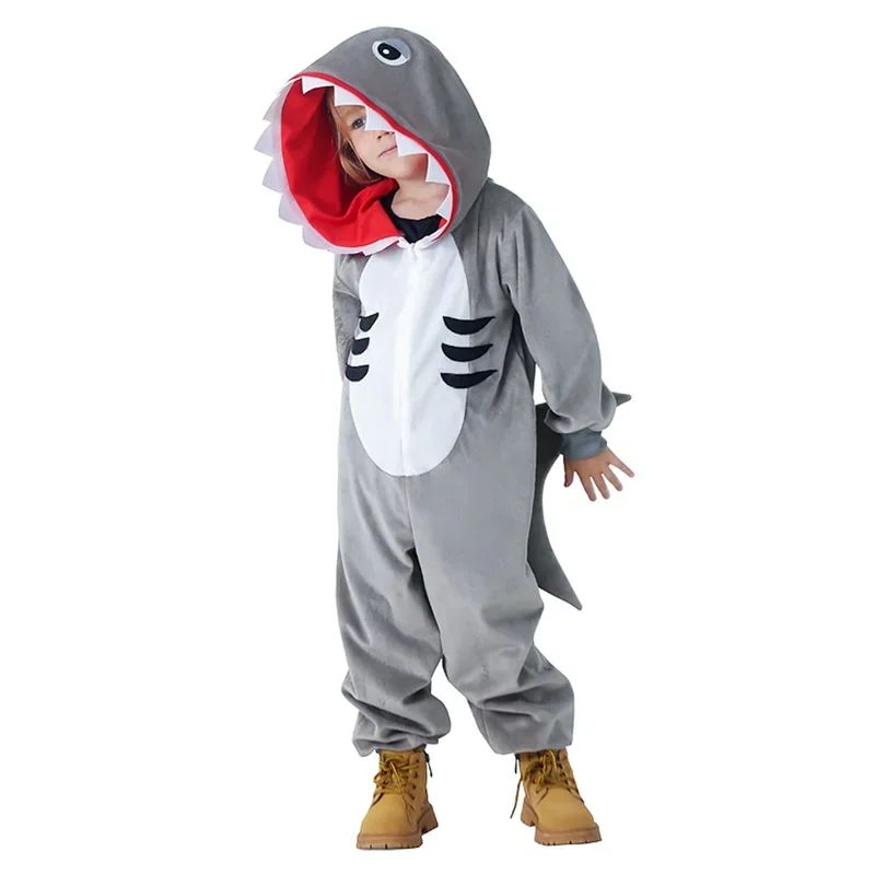 Shark Costume Boys Girls Grey Shark Cosplay Ocean Animal Theme Party Halloween Carnival Dress Kids Game Play Stage Performance
