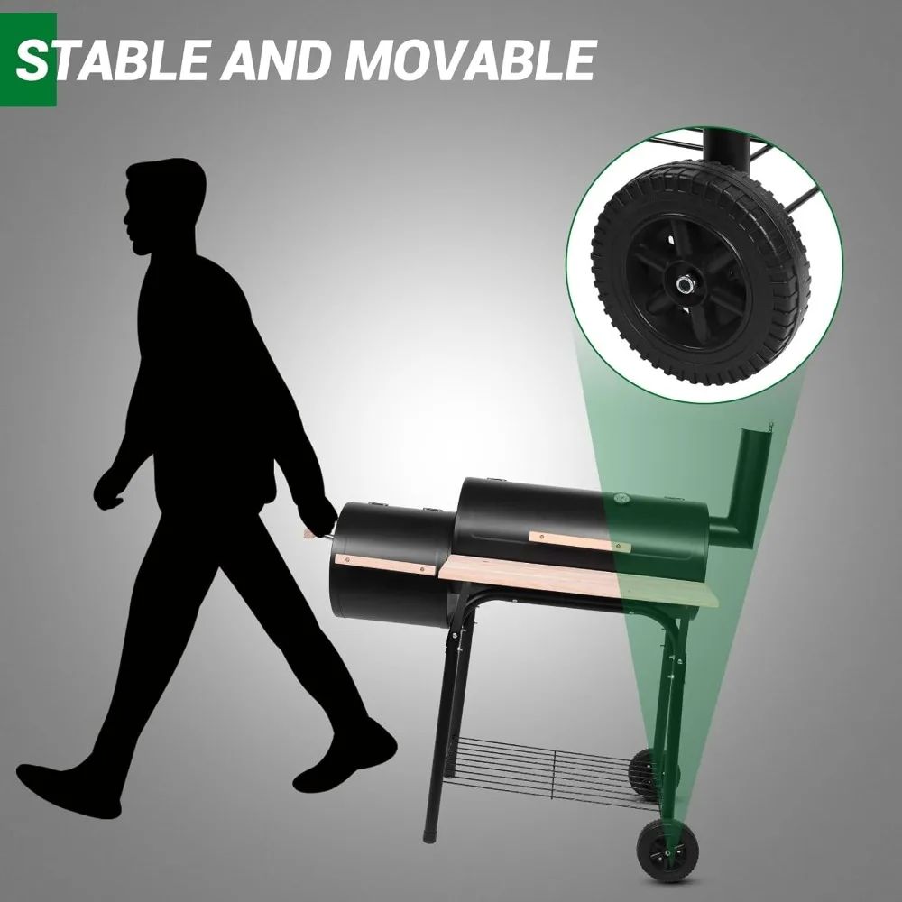 BBQ Charcoal Grill, Outdoor Patio Grill with Offset Smoker, Wheels and Tray for Balcony Picnics, Parties and Camping