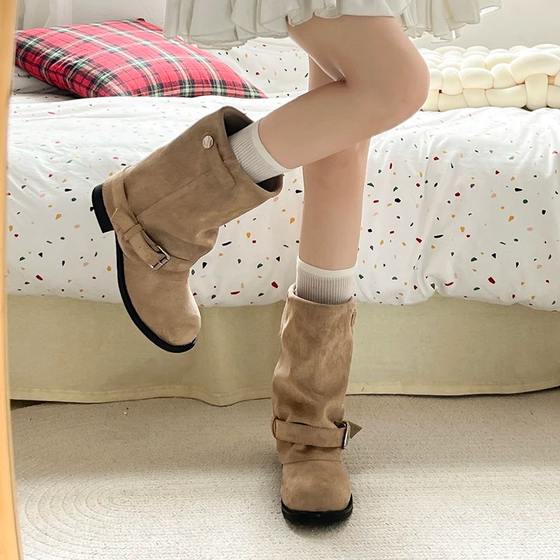 Vintage Thick Heel Women Western Cowboy Boots Fashion Belt Buckle Slip On Shoes Ladies Pleated Short Booties Autumn Winter