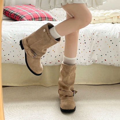 Vintage Thick Heel Women Western Cowboy Boots Fashion Belt Buckle Slip On Shoes Ladies Pleated Short Booties Autumn Winter