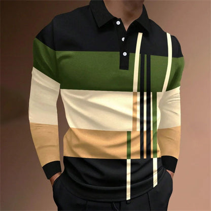 2025 autumn men's polo shirt long sleeved stand up collar patchwork printed top fashionable street casual T-shirt men's shirt