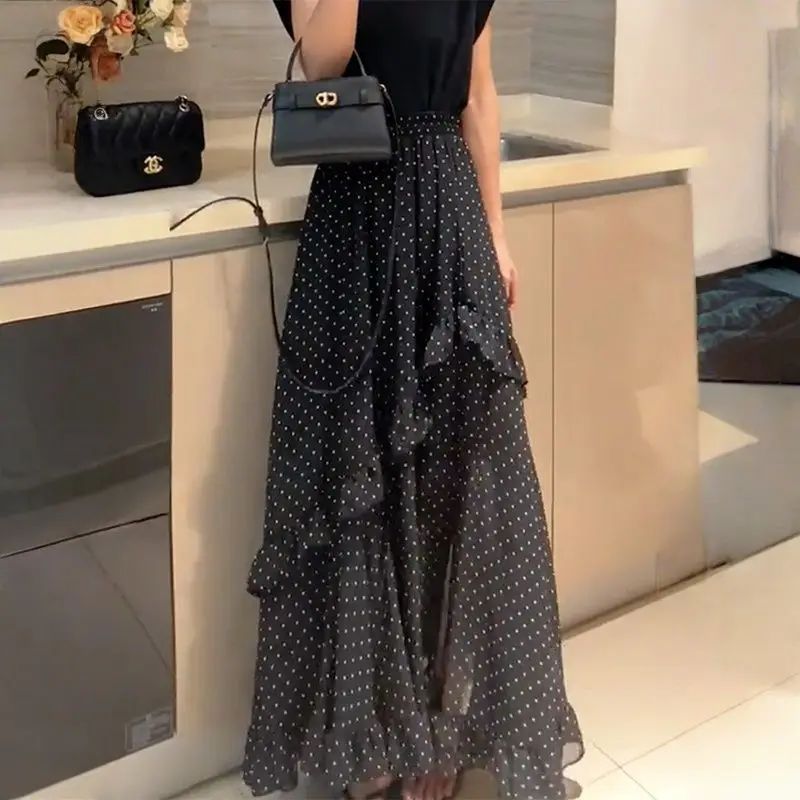 Plus Size Black Polka Dot Print Asymmetrical Hem Loose Women's Skirt Summer New Fashion Design Sense Midi Skirt Large Size Ha...