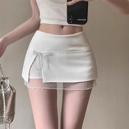 Mini Skirts Women Patchwork Lace Bow Hotsweet Summer A-Line Skirt with Safety Pants Fashion Side Slit Bodycon 2025 Lady Skirts