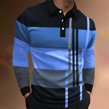 2025 autumn men's polo shirt long sleeved stand up collar patchwork printed top fashionable street casual T-shirt men's shirt