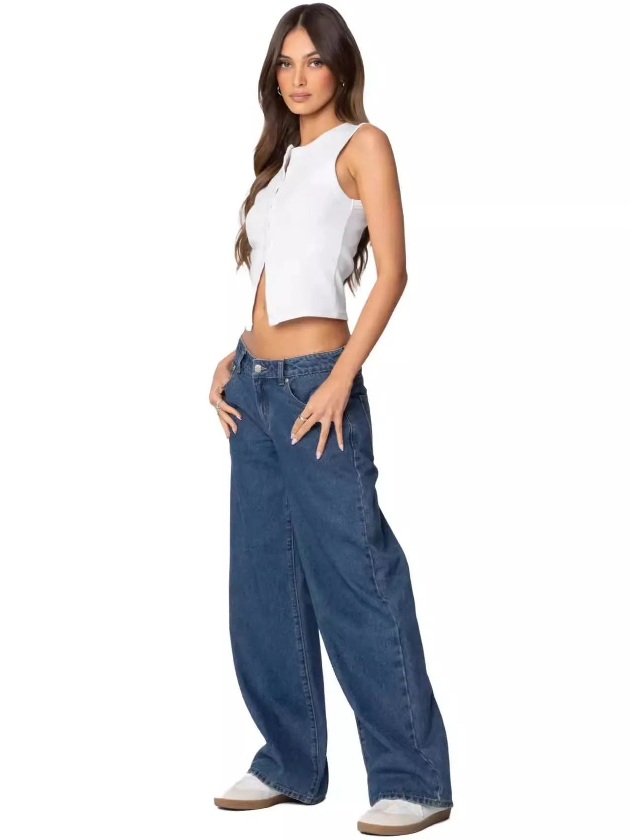 Fashionable Russian Women's Jeans High Waist Wide Leg Floor-Length Old Fashion Decorative Long Version of Women's Jeans