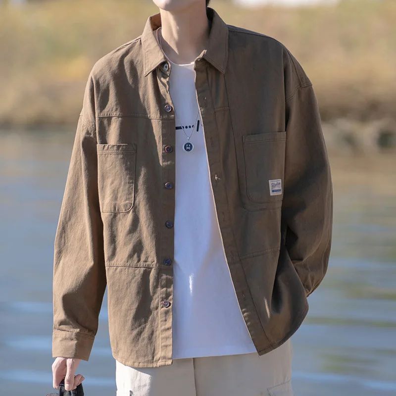 Japanese Series Men's Shirts Casual Vintage Cargo Jacket Top Spring Autumn Solid Blouses Single Breasted Male Clothes Streetwear