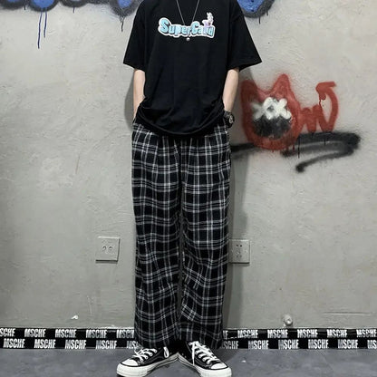 2025 Korean Style Plaid Pants Women Summer New Loose Straight Wide-leg Loose Casual Office Lady Trousers Daily Sweatpants Female