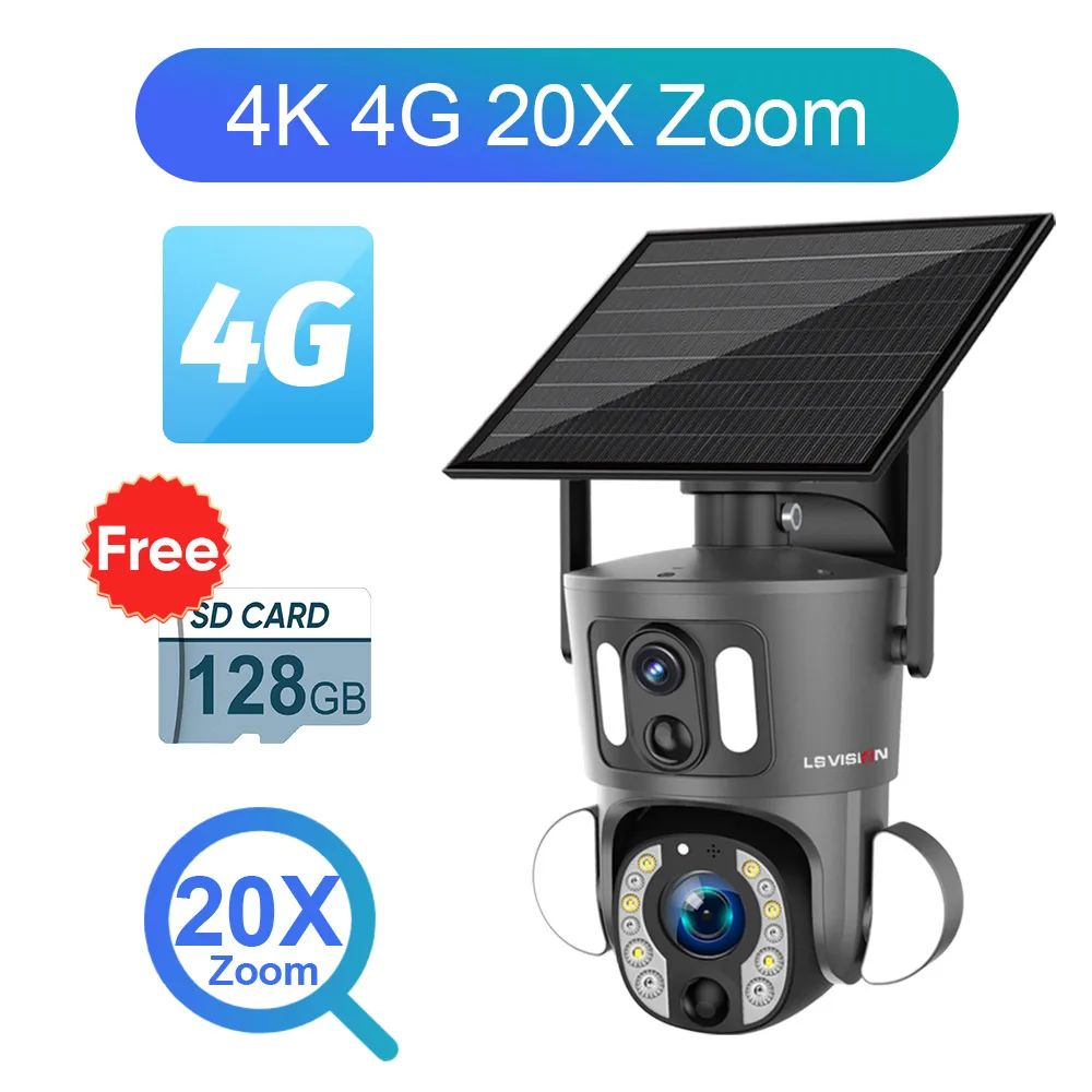 LS VISION 4K 20X Optical Zoom Dual Screen Solar Camera Outdoor 8MP 4G/WiFi PTZ Dual PIR Detection Auto Tracking Security Cameras