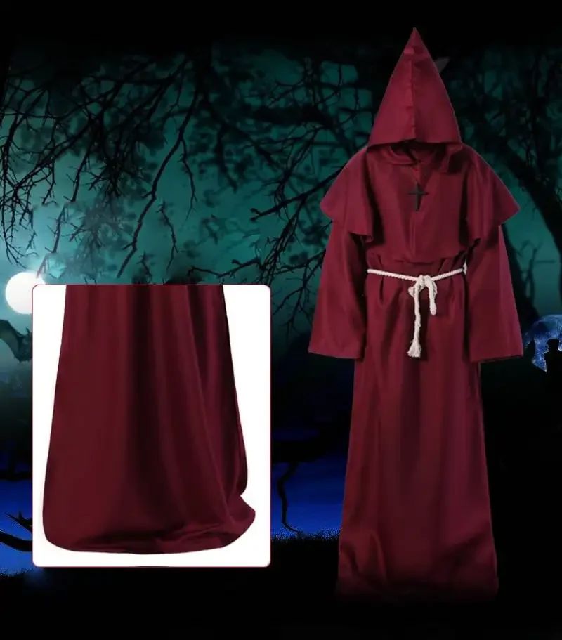 Retro Priest Robe Halloween Cosplay Costume Wizard Fancy Punk Cloak Mask Medieval Monk Robe Hooded Monk Cowl