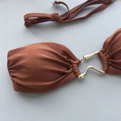 Solid Pink Bandeau Micro Bikini Thong Metal Ring Sexy Swimsuit Women Holiday Ladies Swimwear High Cut Bathing Suit Bikinis Sets