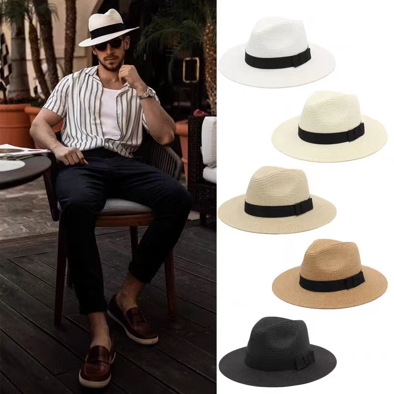 Large Size 56-58 59-60cm New Natural Panama Straw Hat Summer Men Women Wide Brim Beach UV Protection Fedora Sun Hat Wholesale