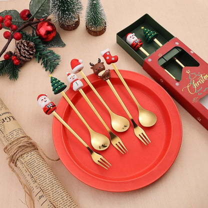 Christmas Themed Cutlery Gift Set 2/4/6pcs Stainless Steel Forks Spoons for Dessert, Creative Holiday Tableware Coffee Tea Party
