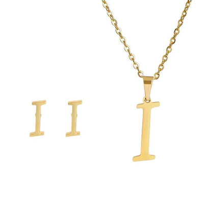 Conjunto Feminino de Colar e Brincos de Aço Inoxidável com Letra Inicial do Alfabeto A-Z - Joias Personalizadas de 26 Letras Inglesas - Presente