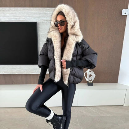 Faux Fur Spliced Hooded Cotton Jackets Women Zipper Long Sleeve Pocket Warm Coats 2025 Winter Fashion Solid Down Jacket New