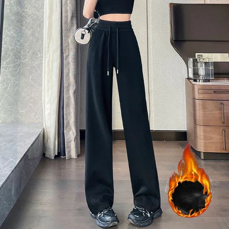 Winter Female Chic High Waist Straight Leg Thermal Pants Women Plush Casual Baggy Trousers Girls Snow Warm Fleece Pants