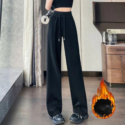 Winter Female Chic High Waist Straight Leg Thermal Pants Women Plush Casual Baggy Trousers Girls Snow Warm Fleece Pants