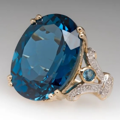Requintados Anéis Ovais Incrustados de Zircônia Azul Anéis de Festa Luxuosos Banhados a Ouro para Noivado e Casamento Feminino Joias da Moda