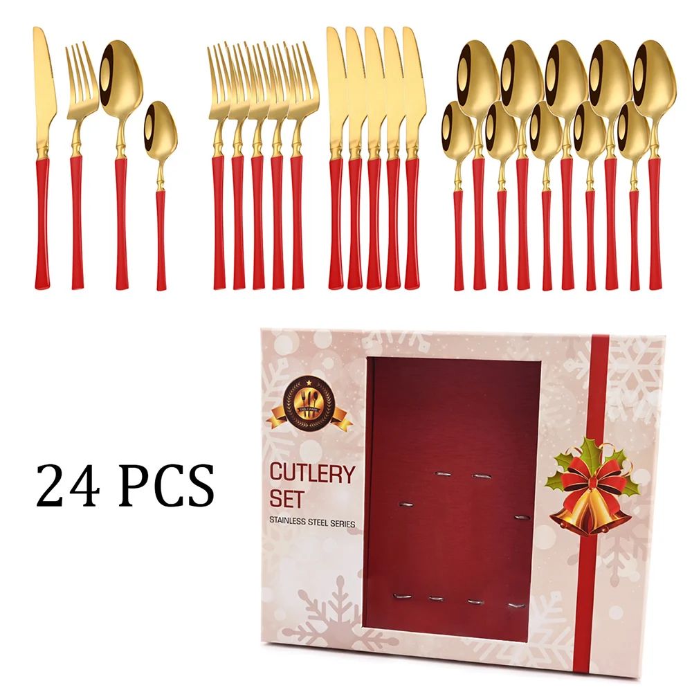 Conjuntos de talheres de Natal 24 peças, aço inoxidável, faqueiro de jantar, faca, garfo, colher de chá, louça de luxo para cozinha, caixa de presente