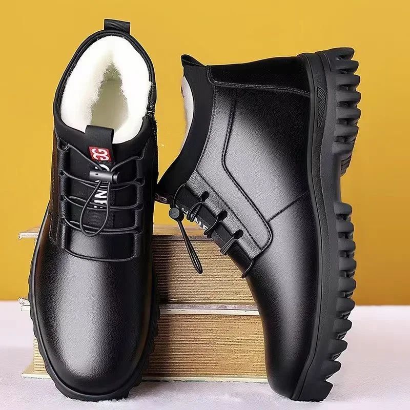 Sapatos Masculinos de Couro de Inverno Nova Moda Pelúcia Quente Confortável Antiderrapante Sapatos de Algodão de Negócios Botas de Neve Casuais ao Ar Livre Férias