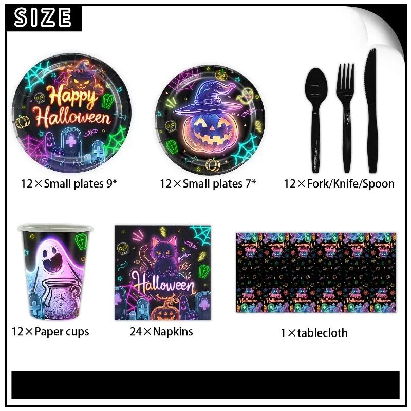 Conjunto de Louça de Festa de Halloween Pratos Festivos Guardanapos Toalha de Mesa Louça Descartável para 10/12 Convidados Decoração de Halloween