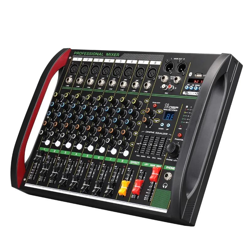 Mesa de som DSP de 4/8 canais com efeito de reverberação, profissional, Bluetooth, USB, áudio mixer balanceado para karaokê familiar, palco, KTV