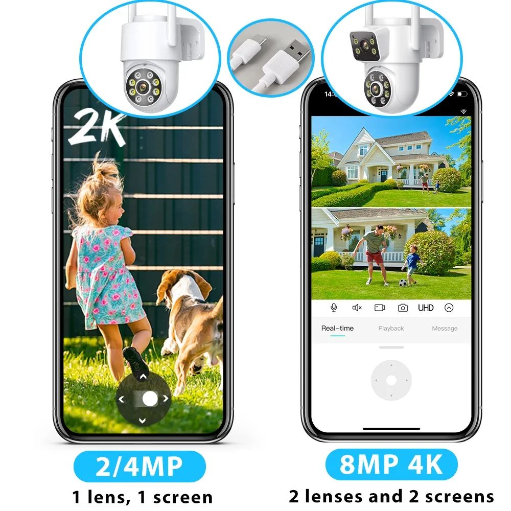 8MP 4K Wifi PTZ Camera Dual Lens Dual Screens Surveillance Camera Outdoor 2MP 4MP HD Night Vision Home Security Camera ICSEE APP