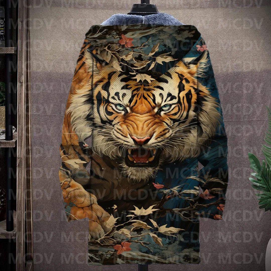 Men's Retro Print Plush Thick Long-Sleeved Coat Cardigan Tiger 3D Prined Fleece Hooded Overcoat Unisex Thick Warm Jacket