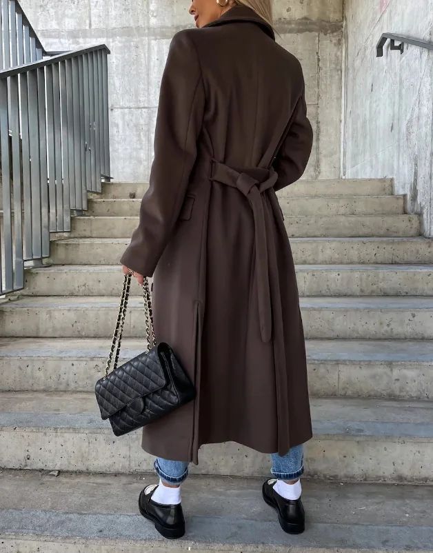 CPSYMYM Winter Coat for Women  Autumn Double Breasted Simple Solid Lapel Long Sleeved Split Long Woolen Cloth Jacket Coa