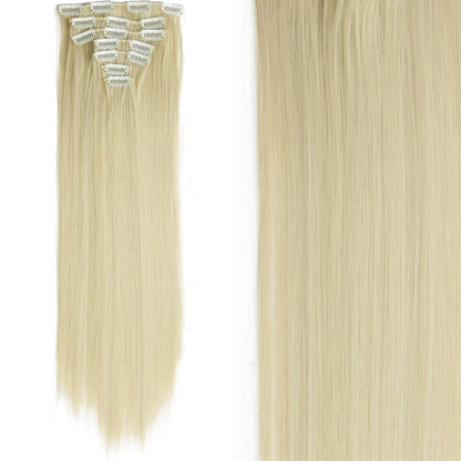 7 peças/conjunto de aplique de cabelo com 16 grampos, preto, longo e liso, cabelo natural, aplique de cabelo ombre, fibra resistente ao calor para penteado feminino
