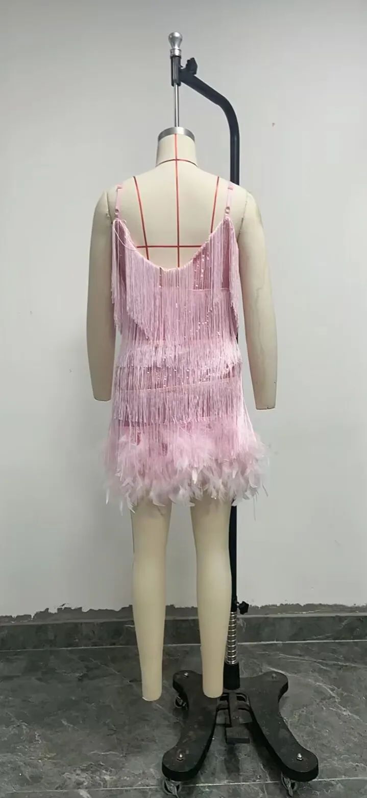 2024 Summer New Fashionable Framed Sequins Feather Patchwork Dress Colorful Amazon Direct Sales Women's Sleeveless Dress