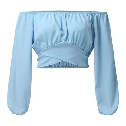 Women Sexy Off Shoulder Long Sleeve Top Self Tie Knot Crop Top Blouse Solid Color WoMen's Blouses Y2k Female Summer Shirts ????