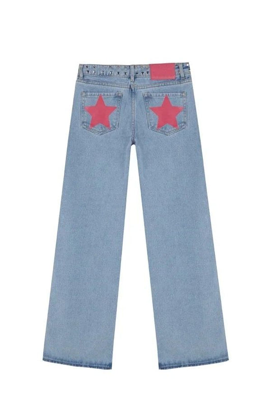 ONE DILEMMA Five-Pointed Star Print High Waited Jeans New Street Harajuku Baggy Jeans Women Clothing Casual Straight Denim Pants