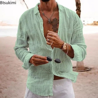 2025 Men's Cotton Linen Shirts Top Simple Laple Solid  Man Shirts Tops Comfortable Loose Casual Holiday Shirts for Men Blouses