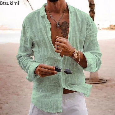 2025 Men's Cotton Linen Shirts Top Simple Laple Solid  Man Shirts Tops Comfortable Loose Casual Holiday Shirts for Men Blouses